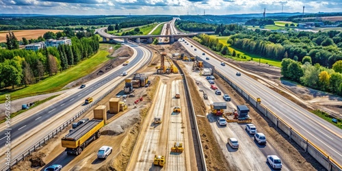 Aerial view of a busy highway construction zone with multiple lanes, concrete barriers, and various heavy machinery operating amidst a backdrop of suburban landscape development.