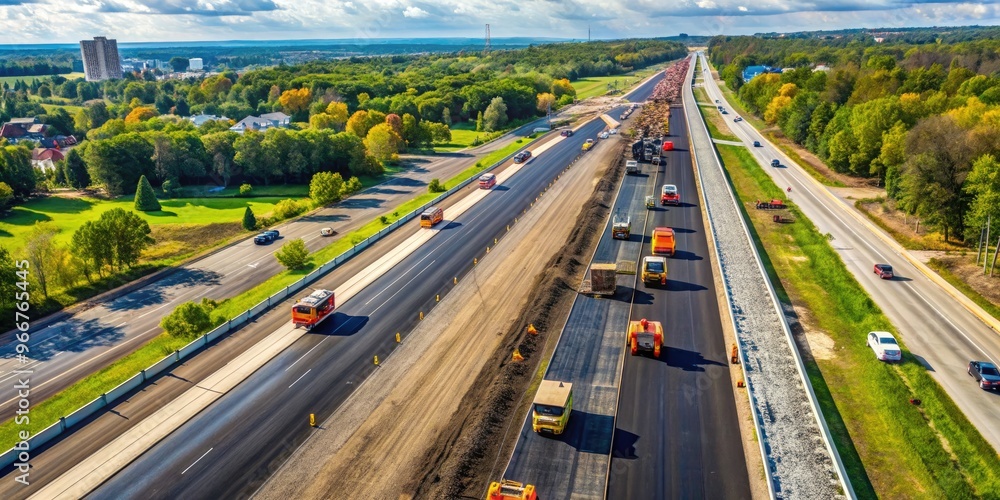 Aerial view of a multi-lane highway expansion project with heavy machinery, orange cones, and freshly paved lanes stretching over 10 miles in Novi, Michigan. Aerial view of a multi-lane highway expansion project with heavy machinery, orange cones, and freshly paved lanes stretching over 10 miles in Novi, Michigan.