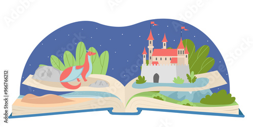 Fairy tale book. Fiction with dragon and ancient castle. Imagination and fantasy. History of kingdom in Middle Ages. Book for kids. Flat vector illustration