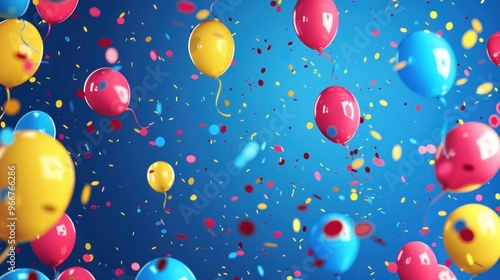 Colorful balloons and confetti on blue background.