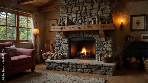 Highland cottage fireplace flames. Fire burns brightly in a cozy cottage fireplace, surrounded by stone walls and wooden beams. Warm Scottish highland atmosphere. Realistic style. photo