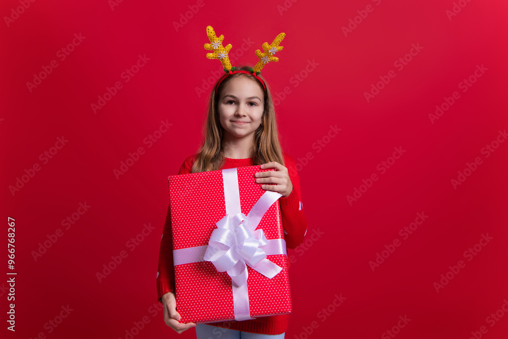 Christmas shopping sale. Happy New Year 2024. Xmas holiday present. New Year sale. Teen girl hold holiday shopping gift from Santa Claus. Xmas present and gift. Teen girl isolated on red. Share gifts Christmas shopping sale. Happy New Year 2024. Xmas holiday present. New Year sale. Teen girl hold holiday shopping gift from Santa Claus. Xmas present and gift. Teen girl isolated on red. Share gifts
