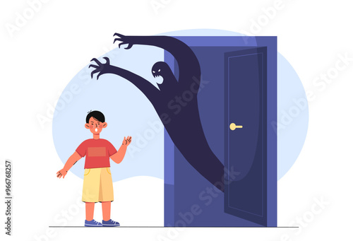 Boy with childhood fear. Schoolboy looks with fear at shadow in door. Scared schoolboy look at scary character. Childhood trauma. Negative feelings and emotions. Flat vector illustration