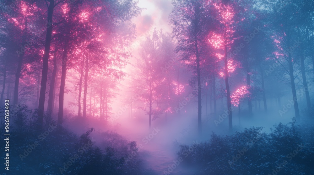 A Mystical Forest Path Bathed in Pink and Blue Hues A Mystical Forest Path Bathed in Pink and Blue Hues