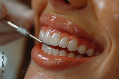 Close-up of a woman's mouth during a dental checkup, with a dental tool being used to clean her teeth.