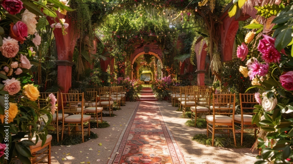 Romantic outdoor wedding ceremony with floral arch and aisle. Romantic outdoor wedding ceremony with floral arch and aisle.