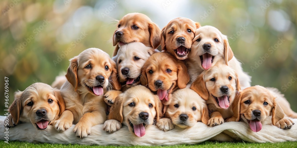 A joyful tumble of playful puppies, piling on top of each other in a furry heap, tails wagging, ears flapping, and snouts sniffing amidst happy chaos. A joyful tumble of playful puppies, piling on top of each other in a furry heap, tails wagging, ears flapping, and snouts sniffing amidst happy chaos.