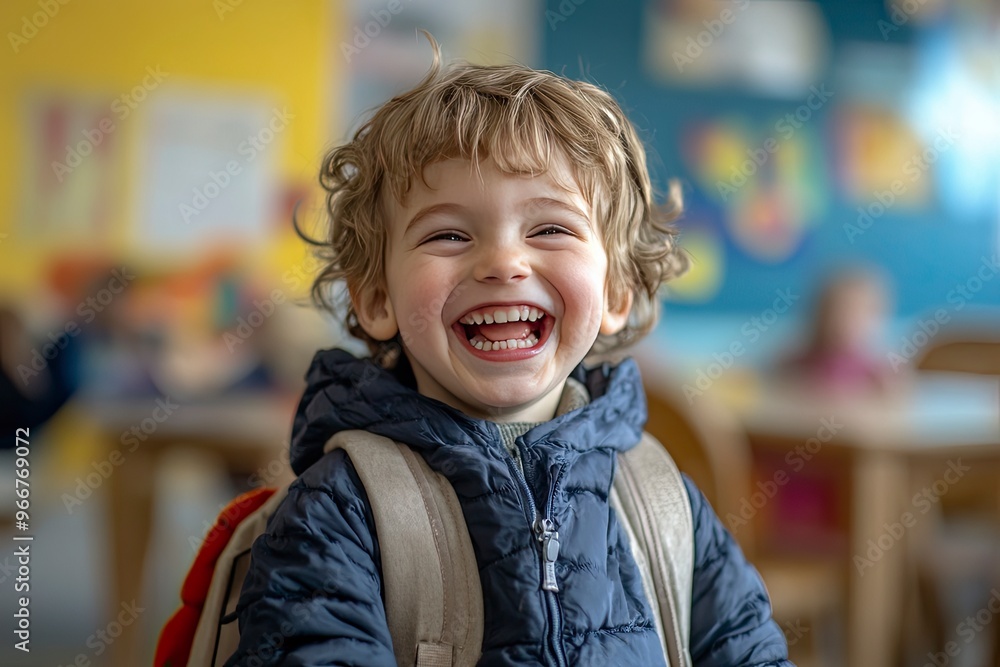 Child, face and laughing in school classroom or education with backpack for kindergarten, learning or joke. Boy, kid and portrait for study development on academy campus or student, humor or funny, ai Child, face and laughing in school classroom or education with backpack for kindergarten, learning or joke. Boy, kid and portrait for study development on academy campus or student, humor or funny, ai
