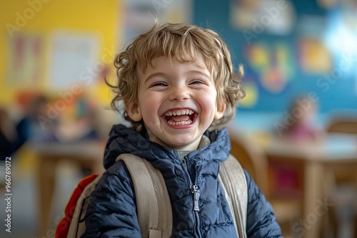Child, face and laughing in school classroom or education with backpack for kindergarten, learning or joke. Boy, kid and portrait for study development on academy campus or student, humor or funny, ai