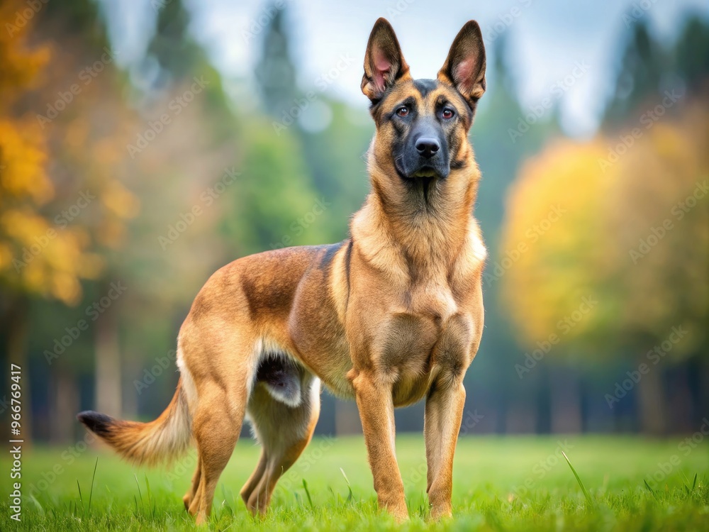 A loyal and agile Malinois-German Shepherd mix dog stands alert, ears perked, with a focused expression, showcasing its muscular build and distinctive coat pattern. A loyal and agile Malinois-German Shepherd mix dog stands alert, ears perked, with a focused expression, showcasing its muscular build and distinctive coat pattern.