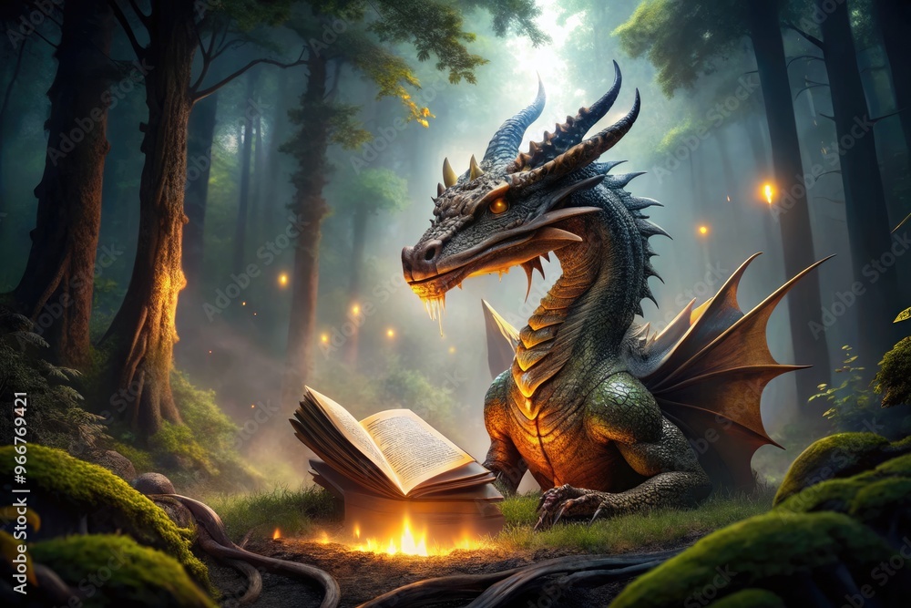 A magnificent dragon sits in a mystical forest, surrounded by misty moonlight, intently reading an ancient leather-bound book with a warm golden glow. A magnificent dragon sits in a mystical forest, surrounded by misty moonlight, intently reading an ancient leather-bound book with a warm golden glow.