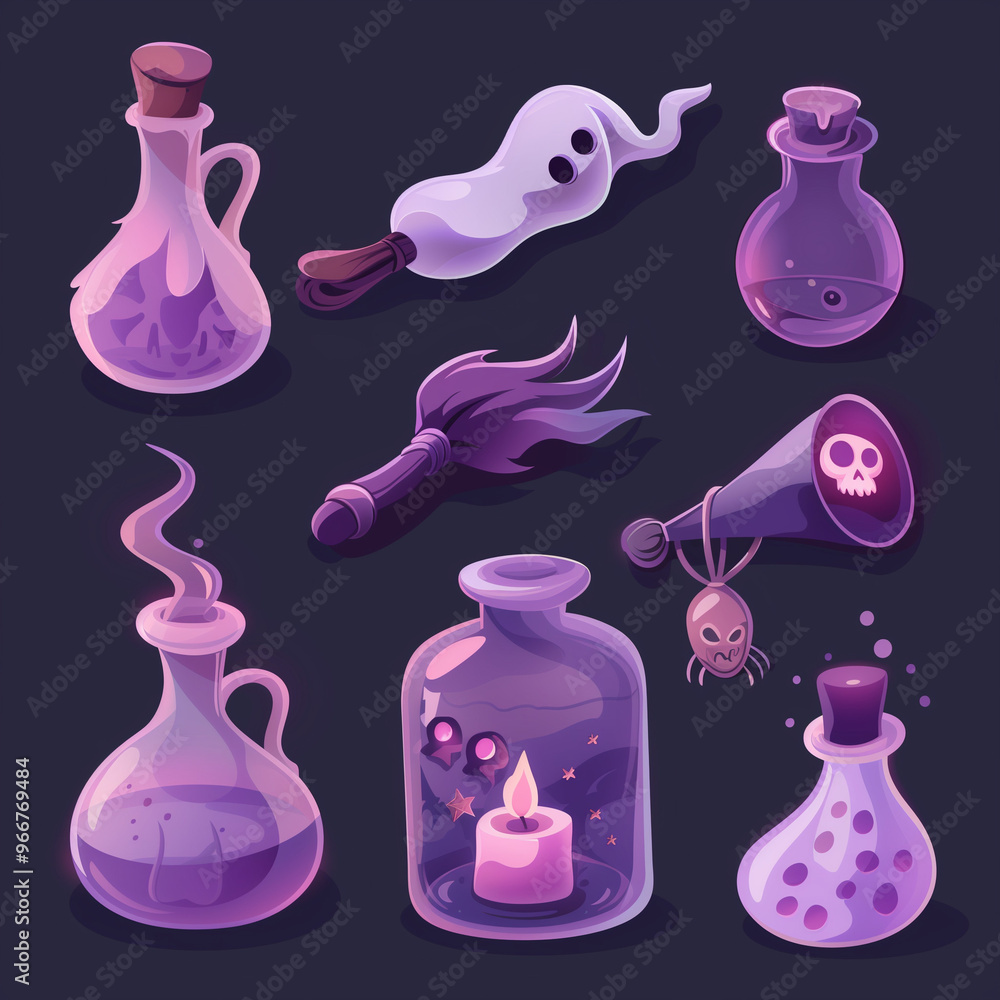 Set of Magical Potions, Ghost, and Enchanted Candle in Fantasy Illustration
Set of Magical Potions, Ghost, and Enchanted Candle in Fantasy Illustration