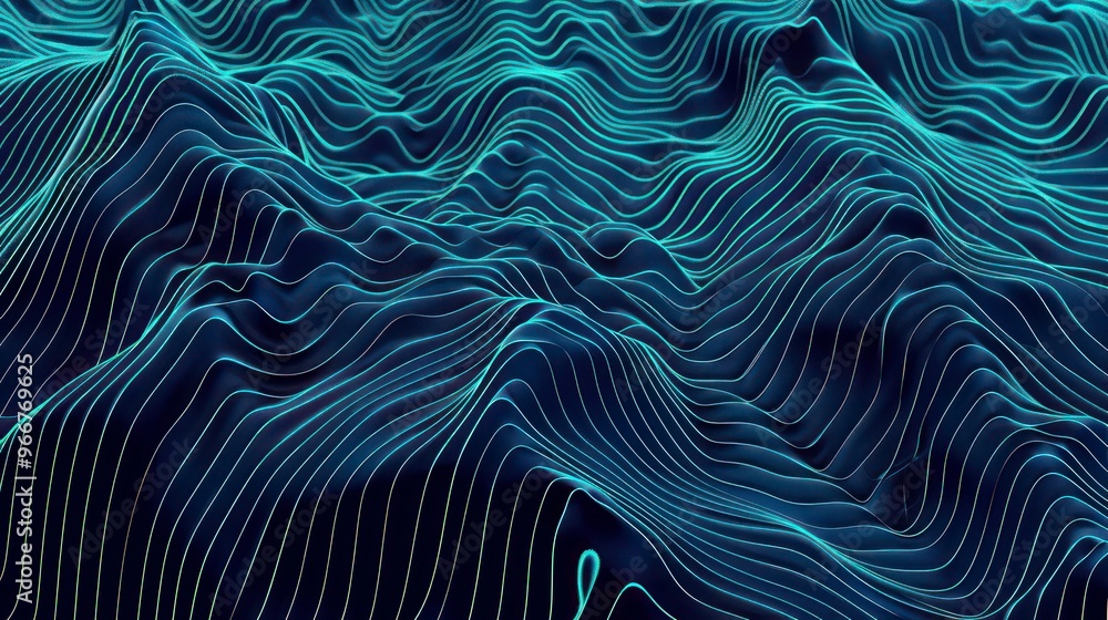 Abstract digital landscape with flowing lines in teal and blue against a dark background. Abstract digital landscape with flowing lines in teal and blue against a dark background.