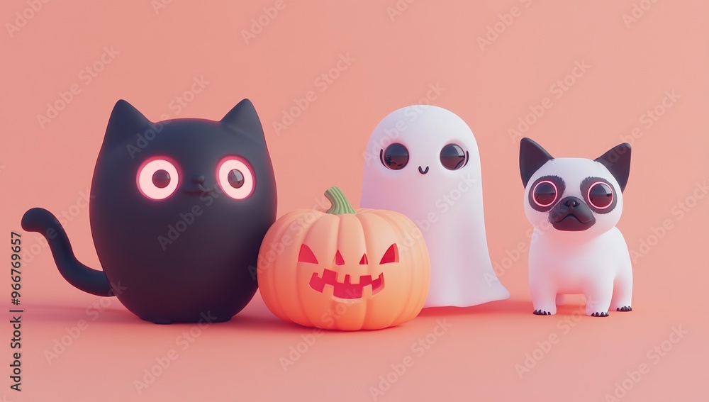 3D cute ghost, black cat and white pug next to pumpkins with glowing eyes 3D cute ghost, black cat and white pug next to pumpkins with glowing eyes