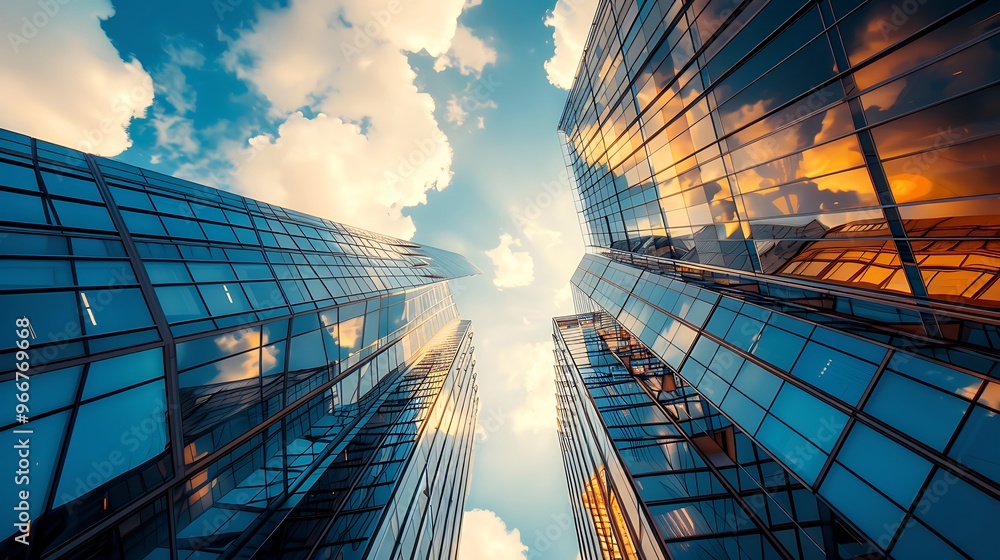 modern skyscrapers against a vibrant blue sky with fluffy white clouds, the glass facades reflecting the sunset glow. modern skyscrapers against a vibrant blue sky with fluffy white clouds, the glass facades reflecting the sunset glow.