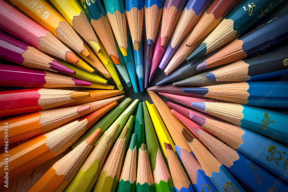 A vibrant arrangement of colored pencils radiating outward in a circular pattern. A vibrant arrangement of colored pencils radiating outward in a circular pattern.