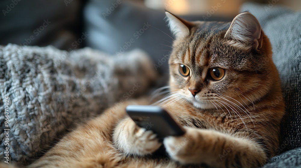 A curious cat with brown tabby fur looks intently at a black smartphone while lying on a gray couch. A curious cat with brown tabby fur looks intently at a black smartphone while lying on a gray couch.