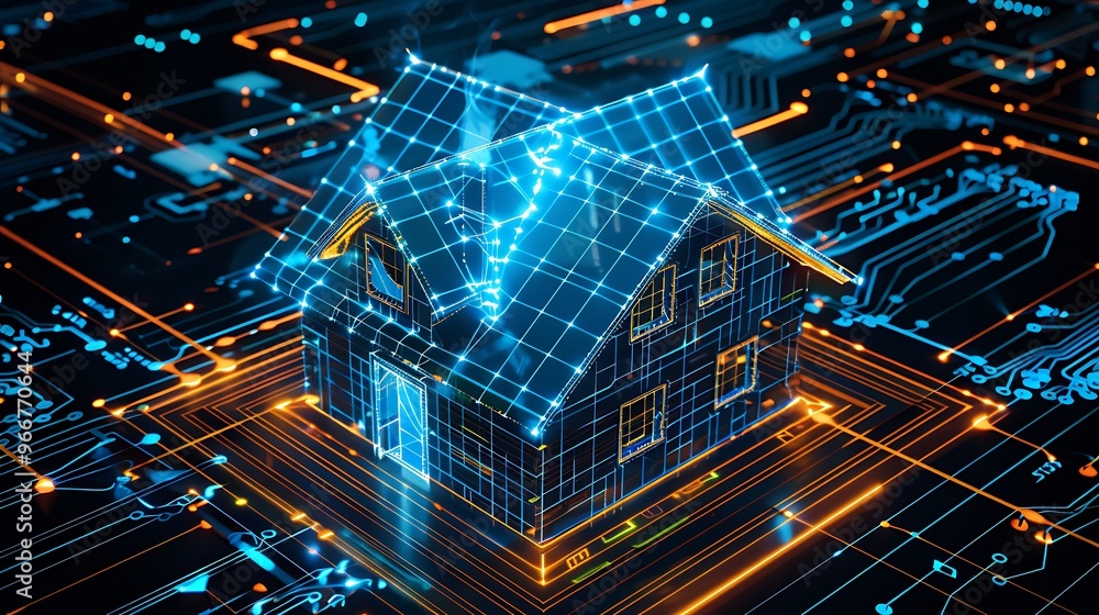 Fototapeta premium 3D rendered image of a house on a circuit board, representing smart home technology and connectivity.