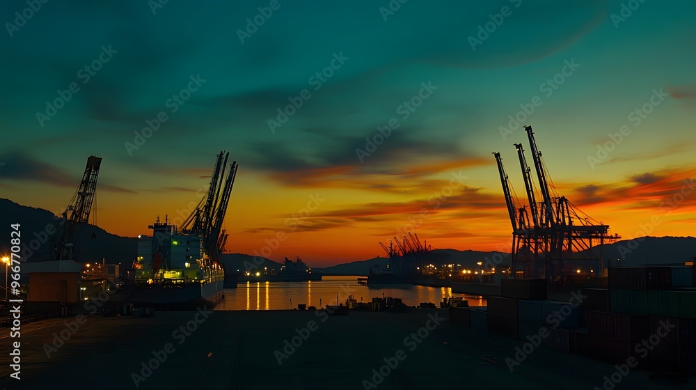 Cargo Ship at Dusk with Crane Silhouettes Cargo Ship at Dusk with Crane Silhouettes