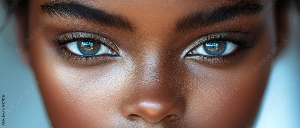 Fototapeta premium Close-up of a Woman's Eyes with Blue Eyeshadow and Long Eyelashes