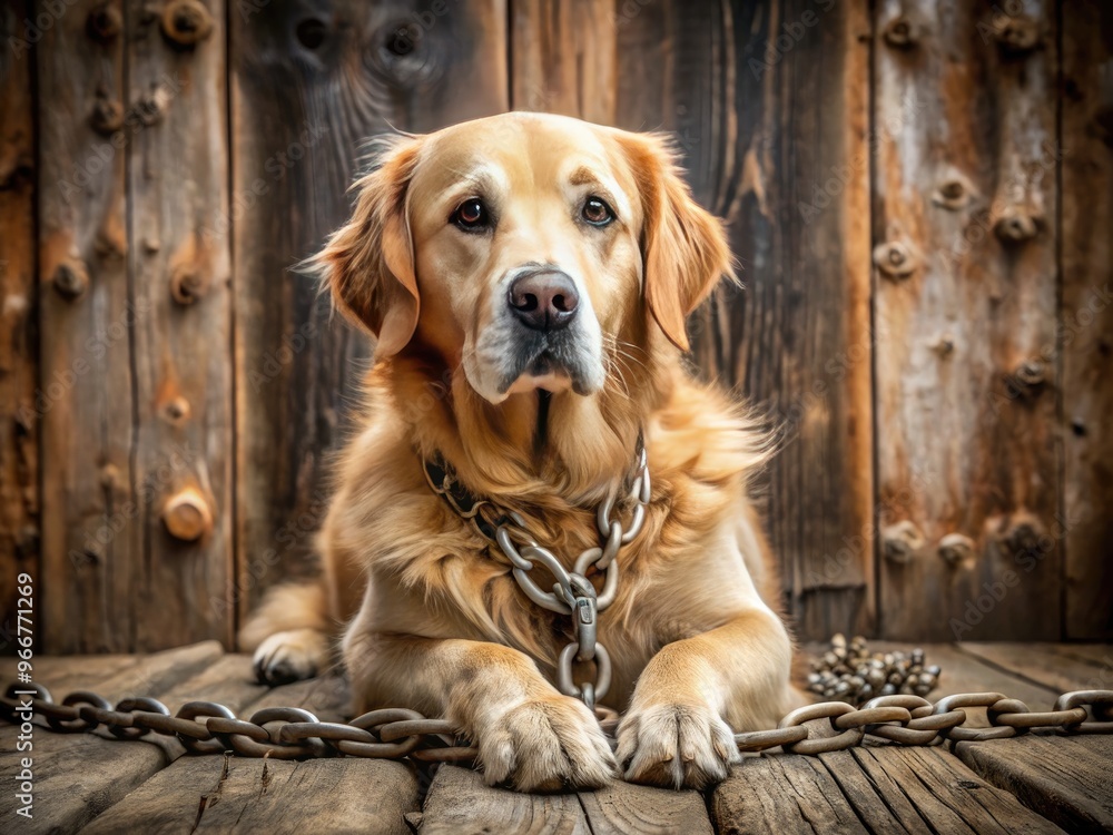 A majestic golden retriever lies patiently, its furry body entwined with a rustic metal chain, set against a worn, weathered wooden background. A majestic golden retriever lies patiently, its furry body entwined with a rustic metal chain, set against a worn, weathered wooden background.