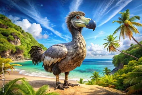 A majestic, flightless dodo bird stands proudly on a sunny tropical island, its fluffy grey-brown plumage and oversized beak evoking a sense of prehistoric wonder.