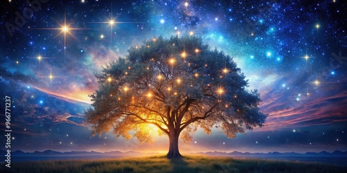 A majestic, glowing tree with ethereal branches and twinkling stars, set against a vibrant, dreamy night sky, evoking a sense of magic and wonder.