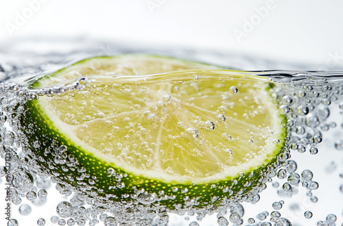 Close up of fresh lime slice in sparkling water isolated on white background with bubbles photo