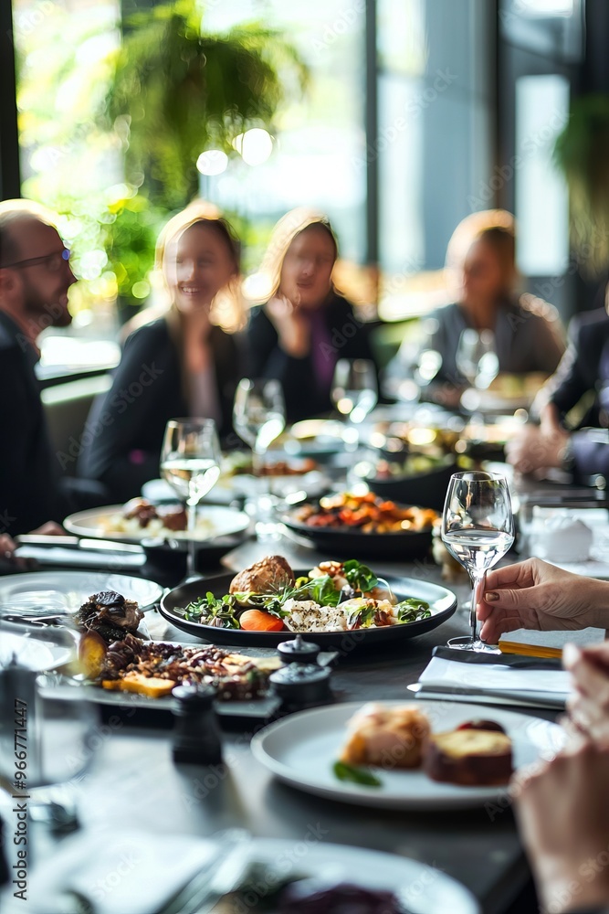 A group of diverse business professionals sharing a meal in a stylish restaurant, reviewing presentations A group of diverse business professionals sharing a meal in a stylish restaurant, reviewing presentations