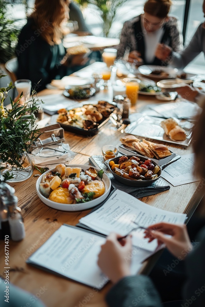 Diverse professionals having a business lunch in a contemporary café, with documents and food on the table Diverse professionals having a business lunch in a contemporary café, with documents and food on the table