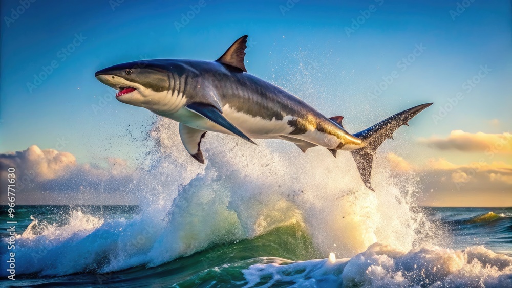 Fototapeta premium A majestic shark breaches the ocean's surface, its powerful dorsal fin slicing through the waves, capturing the essence of marine strength and agility.