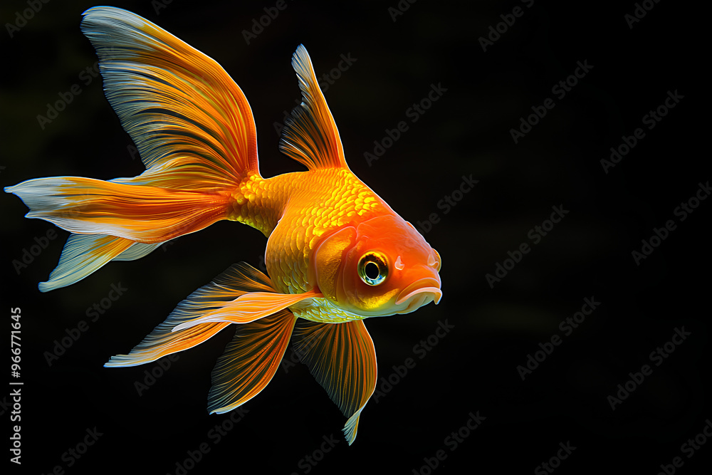 A vibrant goldfish swimming gracefully in dark water, showcasing its colorful fins and scales. A vibrant goldfish swimming gracefully in dark water, showcasing its colorful fins and scales.