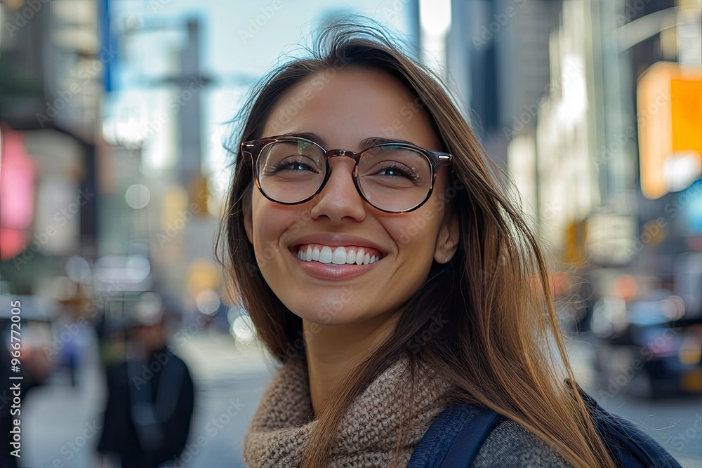 Woman, portrait and smile with glasses in closeup, entrepreneur and vision for career. Designer, happiness and worker with confidence on break in city for relax in town with professional, ai Woman, portrait and smile with glasses in closeup, entrepreneur and vision for career. Designer, happiness and worker with confidence on break in city for relax in town with professional, ai