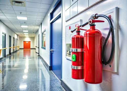 A metal fire extinguisher and safety equipment, including a defibrillator and first aid kit, mounted on a wall in a well-lit hospital corridor. photo