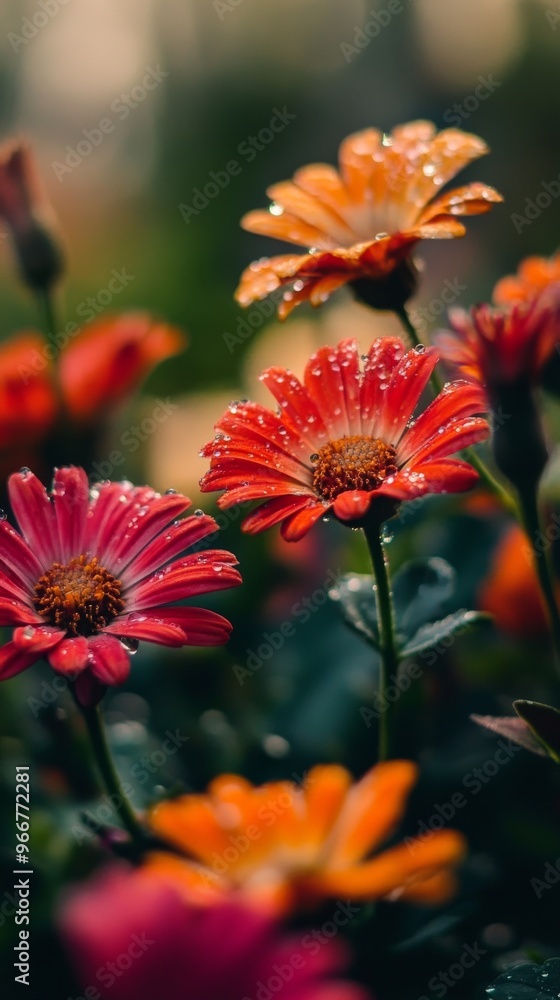 Vibrant daisies with dewdrops in a garden Vibrant daisies with dewdrops in a garden