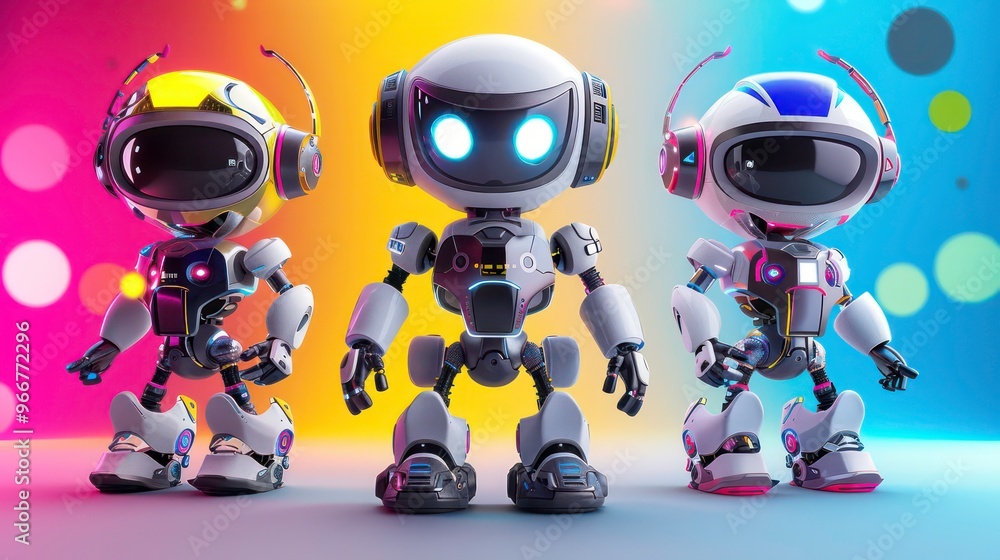 Naklejka premium Three cute robots with headphones on a colorful background.