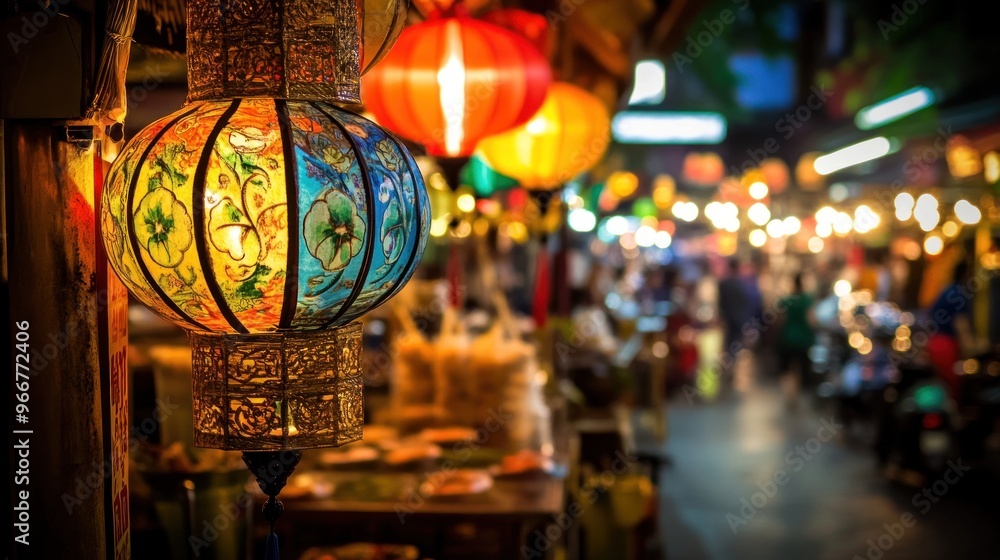A Colorful Lantern Glows in a Busy Night Market A Colorful Lantern Glows in a Busy Night Market
