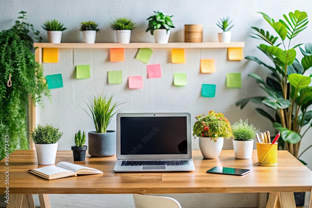 A modern digital creative workspace with a sleek laptop, colorful design elements, and a minimalist desk, surrounded by inspirational sticky notes and plants. A modern digital creative workspace with a sleek laptop, colorful design elements, and a minimalist desk, surrounded by inspirational sticky notes and plants.