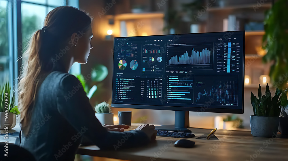She is focused on her work, possibly analyzing data or working on a project She is focused on her work, possibly analyzing data or working on a project
