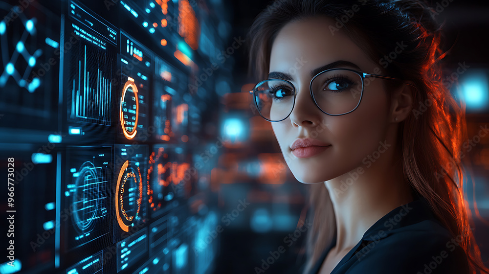 A woman with glasses is staring at a computer screen with many different colored A woman with glasses is staring at a computer screen with many different colored