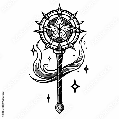 Intricate Star Wand with Mystical Patterns and Flowing Ribbons