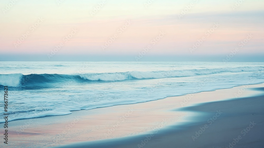 Serene beach at sunrise, pastel colors. Tranquility and nature beauty concept Serene beach at sunrise, pastel colors. Tranquility and nature beauty concept