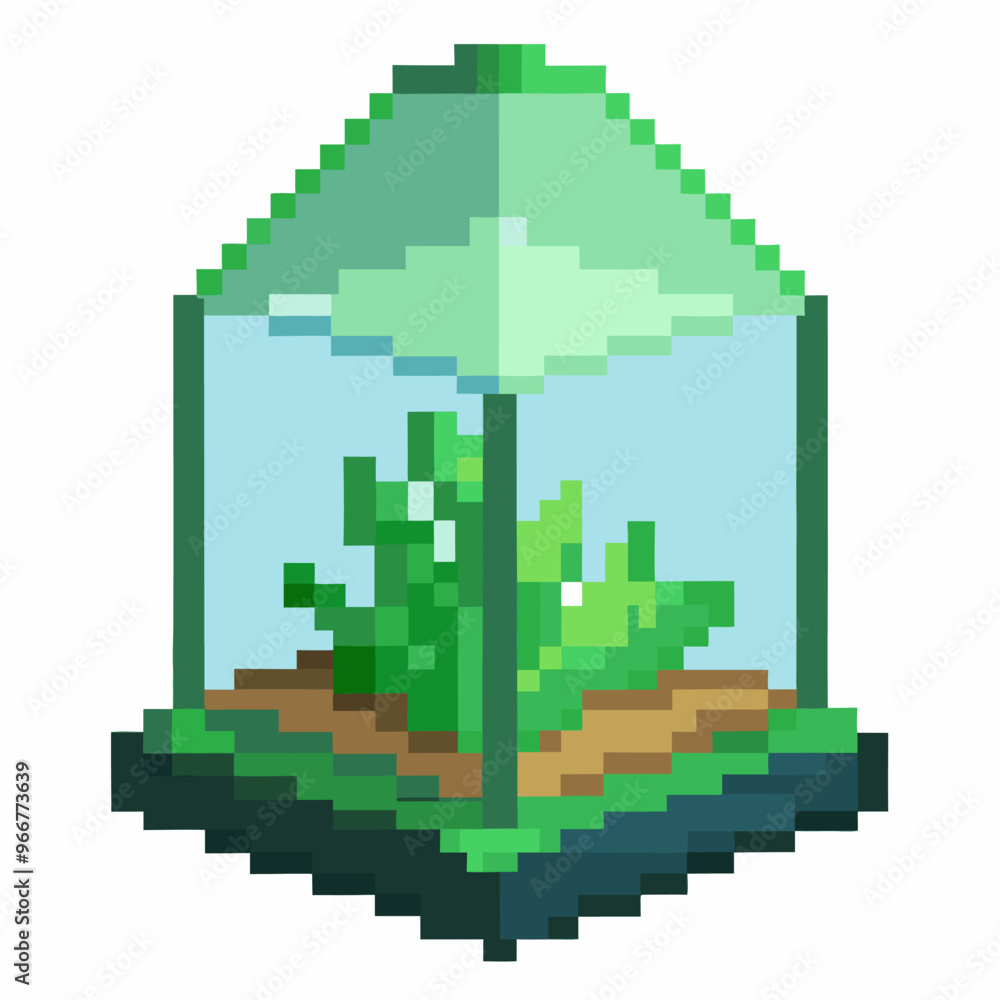 Fototapeta premium Pixelated Greenhouse with Plants in Retro Video Game Style