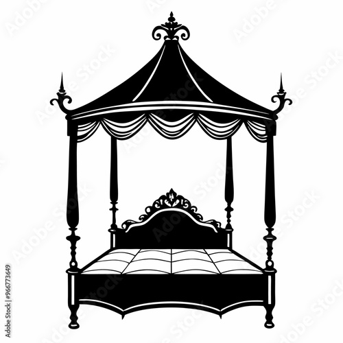 Ornate Canopy Bed Silhouette with Vintage Design Elements on White Background