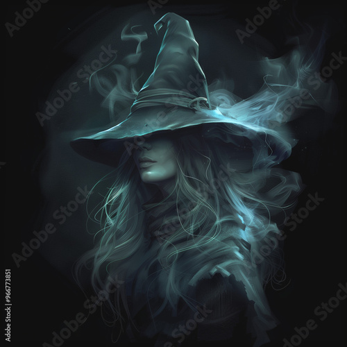 Shadowy Witch with Flowing Hair and Glowing Mist 