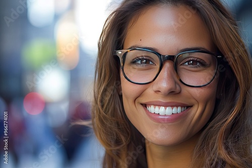 Woman, portrait and smile with glasses in closeup, entrepreneur and vision for career. Designer, happiness and worker with confidence on break in city for relax in town with professional, ai