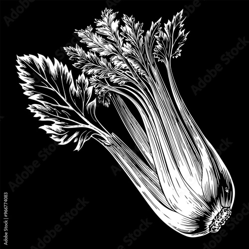 A drawing of a celery stalk with a leafy green top
