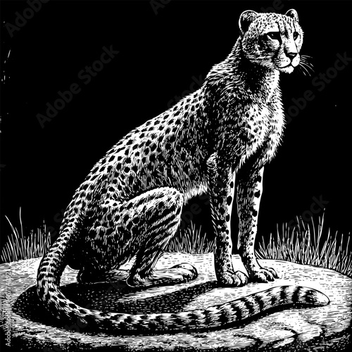 A black and white drawing of a cheetah sitting on a rock