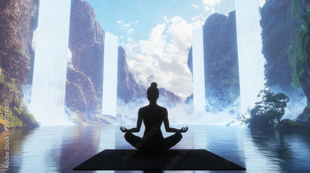 A person attending a metaverse yoga class, surrounded by calming virtual landscapes and soothing sounds.