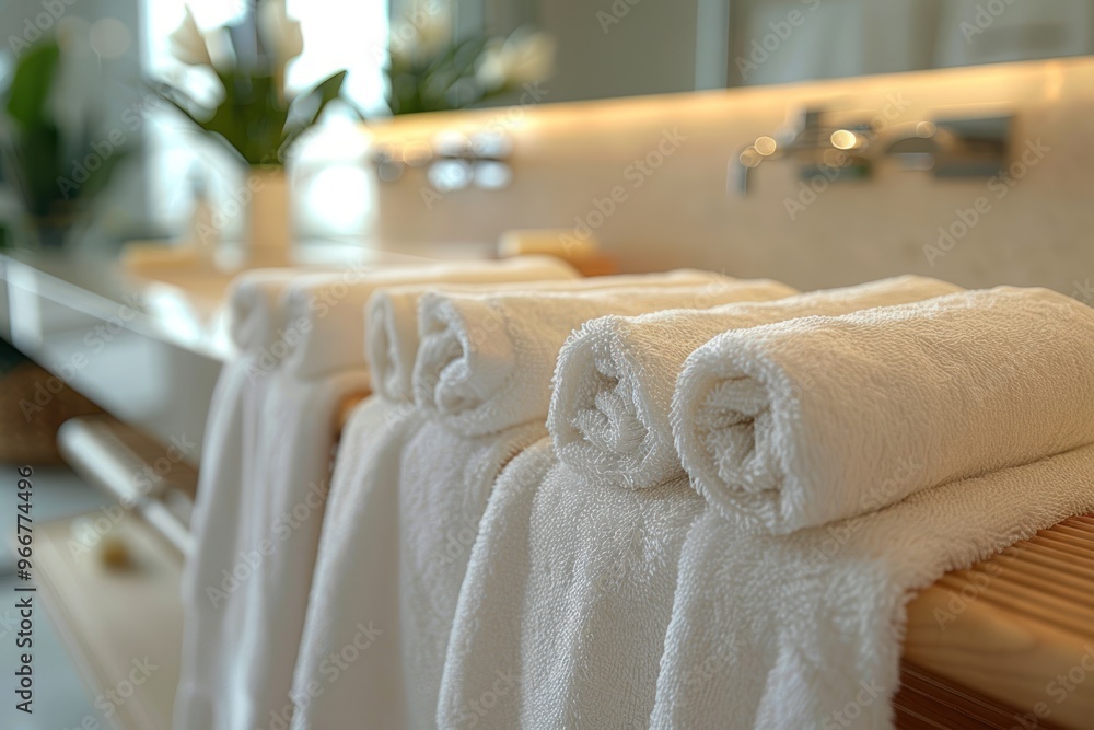 Rolled white towels on a counter in a modern bathroom. Rolled white towels on a counter in a modern bathroom.